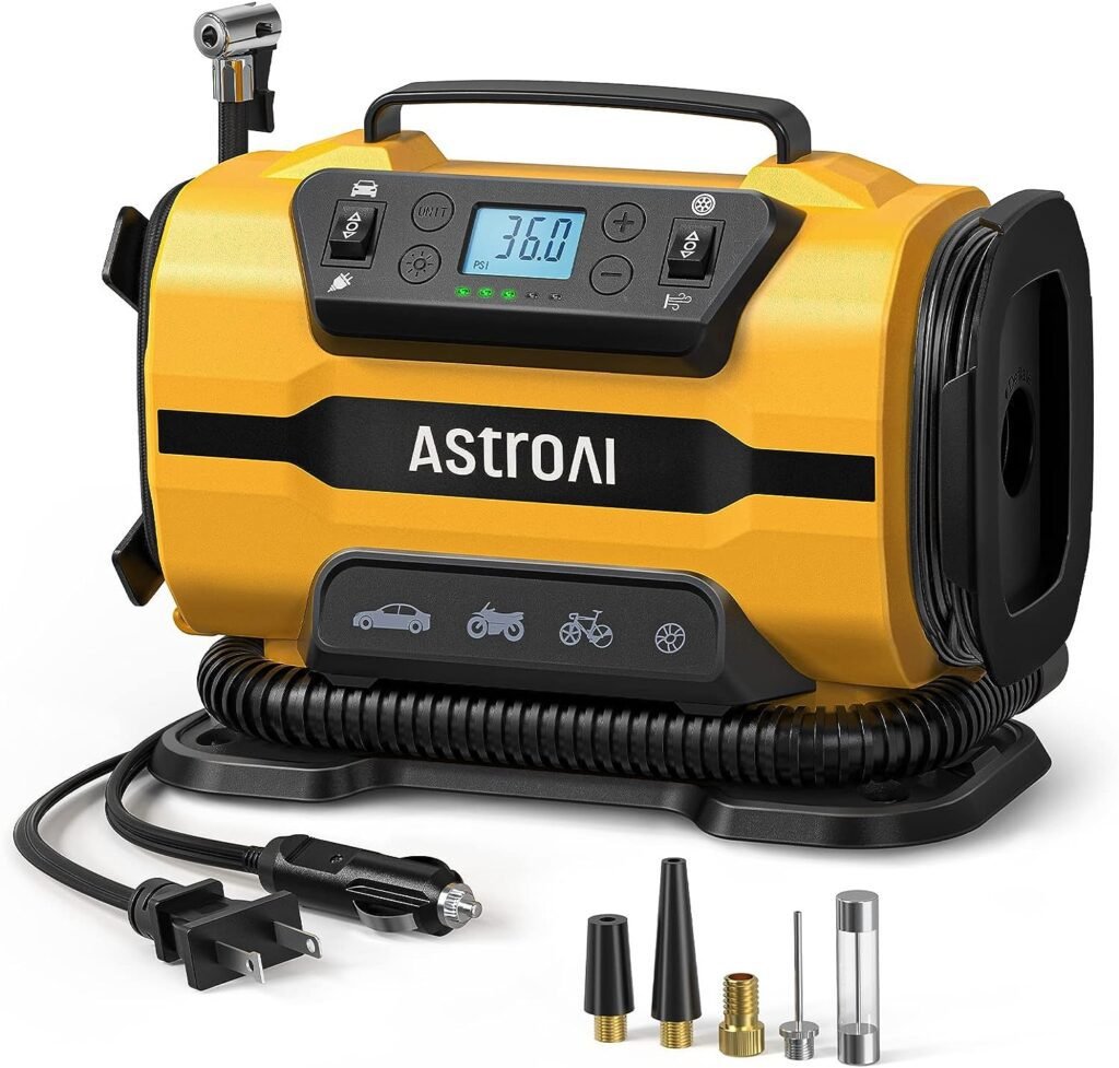 AstroAI Tire Inflator Portable Air Compressor for Car Tire Pump 150PSI 12V DC/110V AC with Dual Metal Motors LED Light，Automotive Car AccessoriesTwo mode for car, bicycle tires and air mattresses