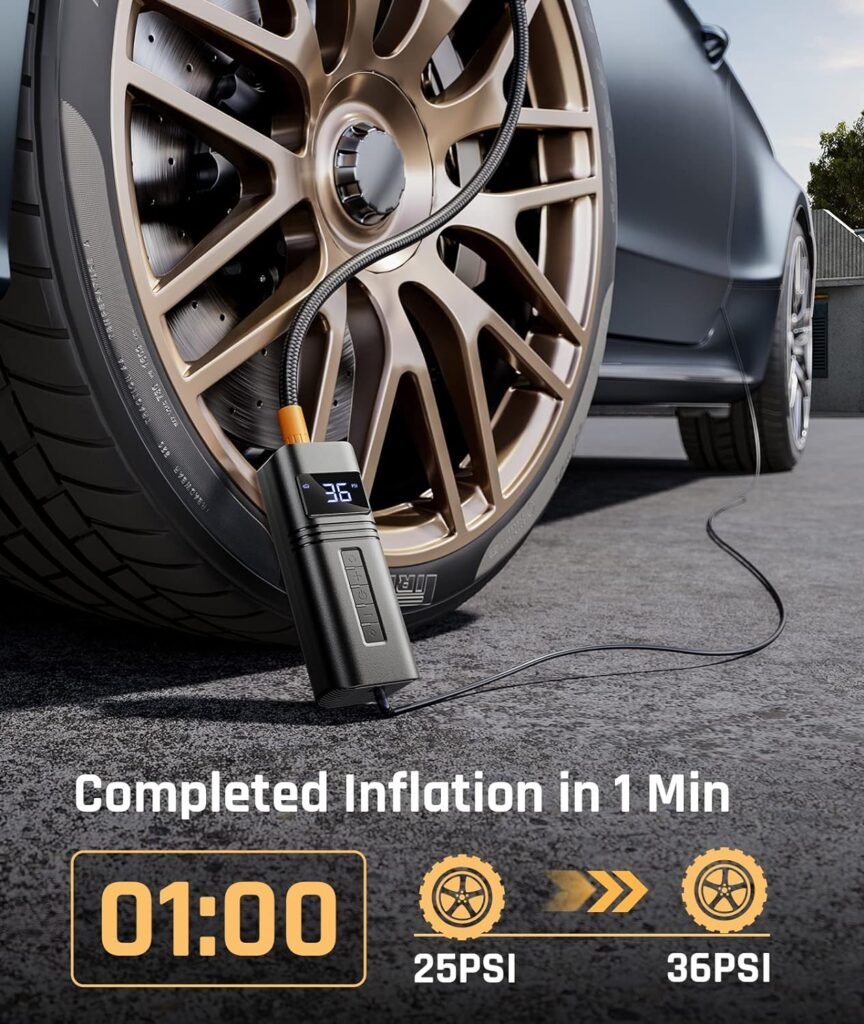 Tire Inflator Portable Air Compressor 38L/min Super Fast Inflate RYSEAB 12V DC Air [pump] for [Car] Tires[Powerful  Small][Car] Tire Pump LED Light for Ball Moto Bike