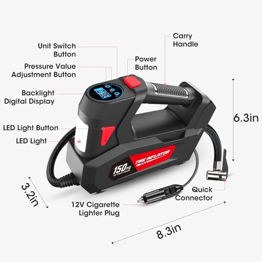 Air Compressor Tire Inflator Portable Air Pump DC 12V Auto Tire Pump with Digital Pressure Gauge,150PSI with Emergency LED Light for Car Tires, Motorcycle, Bicycle and Other Inflatables