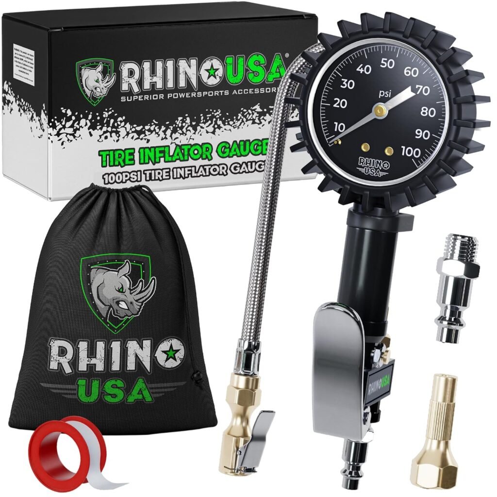 Rhino USA Tire Inflator with Pressure Gauge (0-100 PSI) - ANSI B40.1 Accurate, Large 2 Easy Read Glow Dial, Premium Braided Hose, Solid Brass Hardware, Best for Any Car, Truck, Motorcycle, RV…